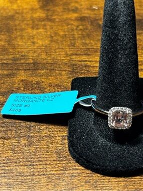 Sterling Silver Morganite CZ Halo Ring - Pink Size 9